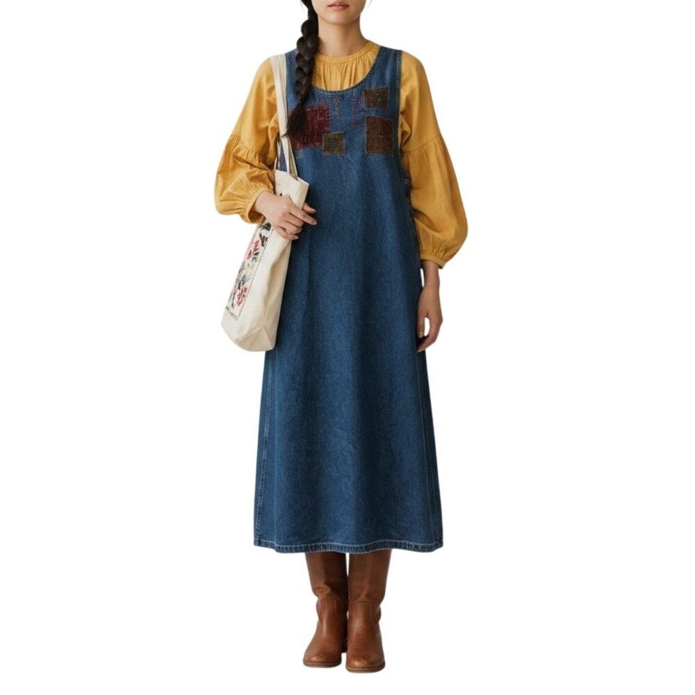 Erika & Co Vintage 00s Embroidered Denim Jumper Dress Womens L